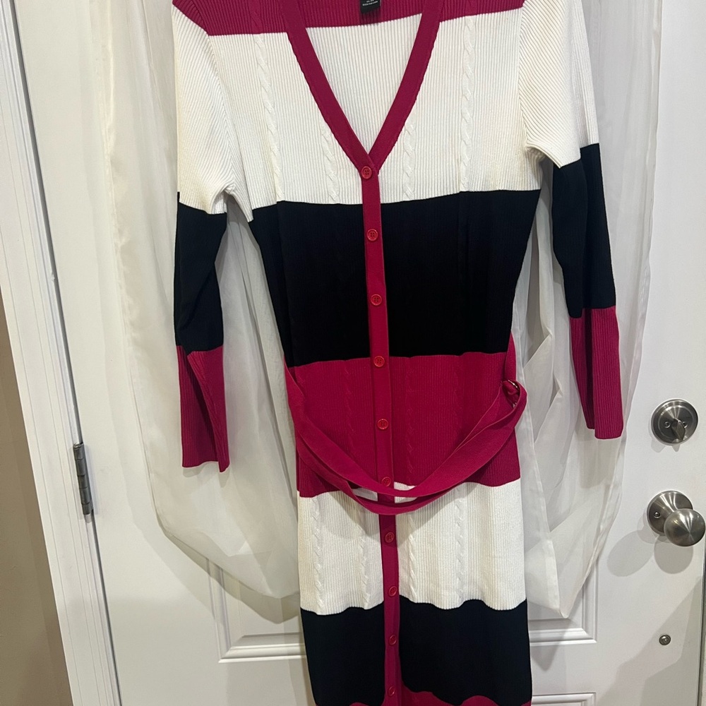 Ashley Stewart Pink, White, and Black Long Sleeve Dress